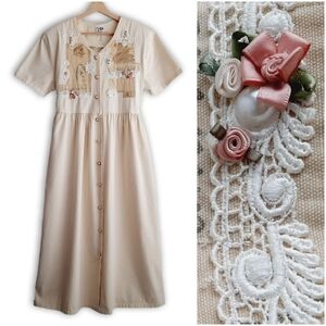 CACTUS 100% Cotton Retro Floral Lace Maxi Length Long Dress Natural Cream Sz M